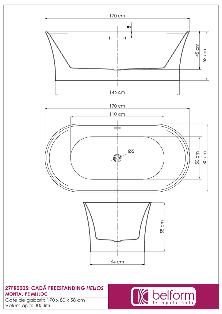 CADA FREESTANDING  HELIOS, MONTAJ LA PERETE, ACRIL, 170x80x58 CM