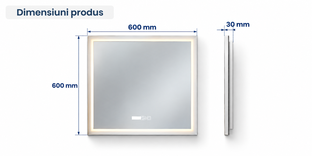 OGLINDA BAIE ATLANTIS PATRATA, LED 3 CULORI, 60X60 CM, FUNCTIE DEZABURIRE, INTRERUPATOR TOUCH
