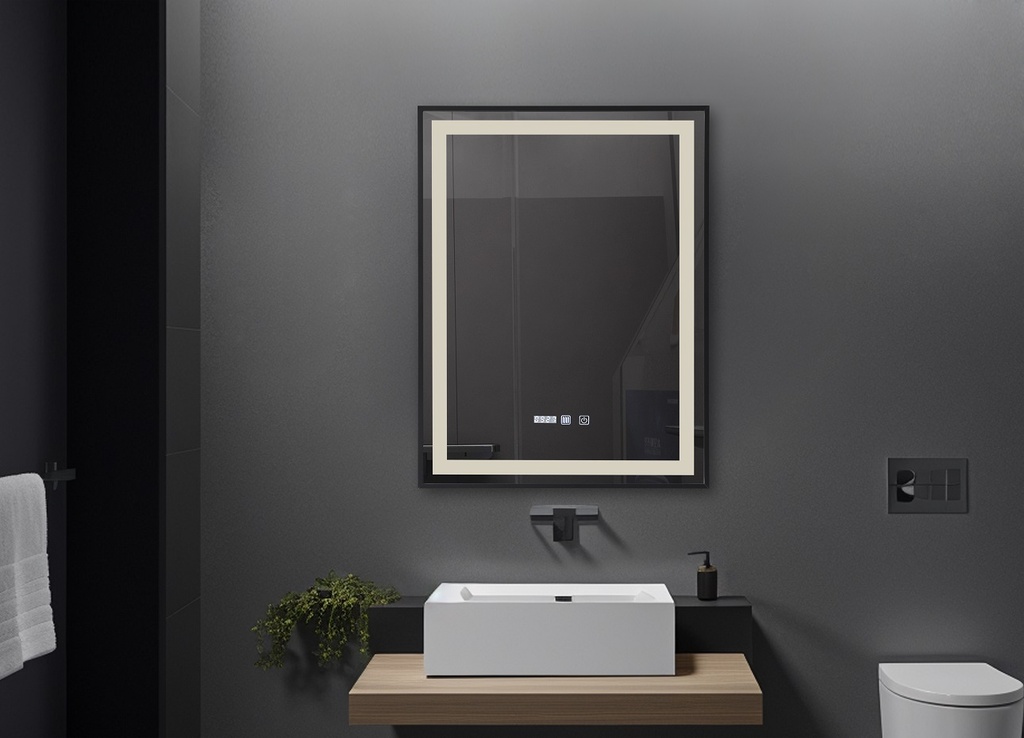 OGLINDA BAIE INFINITY ILUM LED 3 CULORI 60X80 CM  RAMA ALUMINIU NEAGRA FUNCTIE DEZABUR.