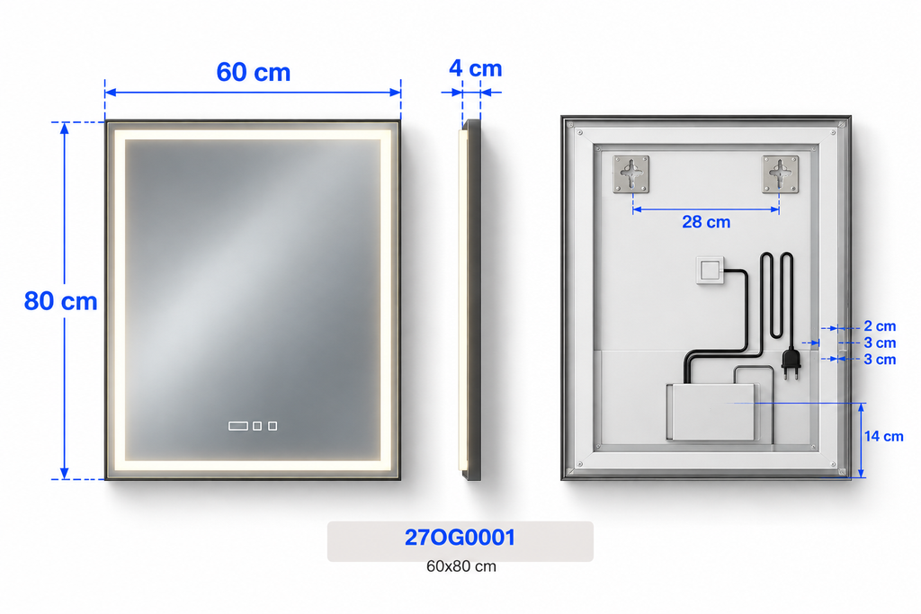 OGLINDA BAIE INFINITY ILUM LED 3 CULORI 60X80 CM  RAMA ALUMINIU NEAGRA FUNCTIE DEZABUR.