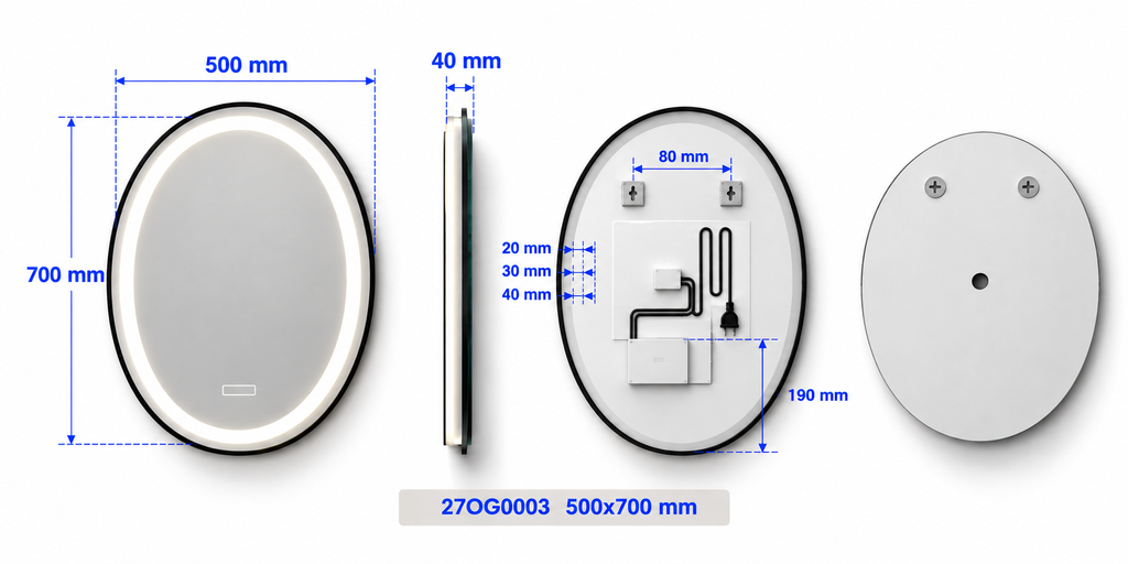 OGLINDA BAIE INFINITY ILUM LED 3 CULORI 50X70 CM  RAMA ALUMINIU NEAGRA FUNCTIE DEZABURIRE