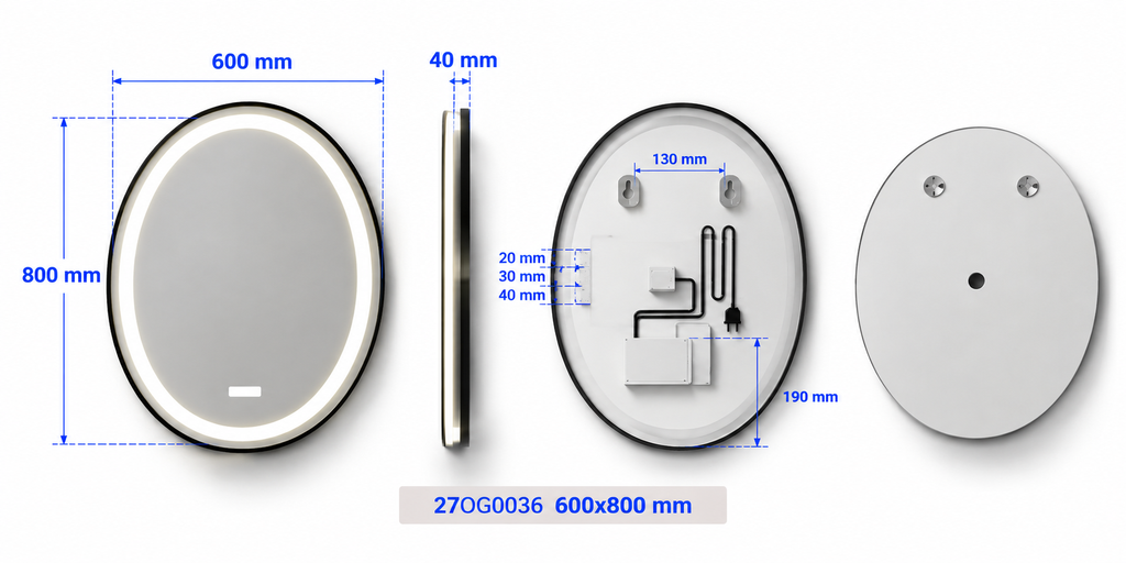 OGLINDA BAIE INFINITY,ILUMINARE LED 3 CULORI,60X80CM,RAMA AL. NEAGRA,DEZABURIRE,CEAS DIGITAL,ON/OFF