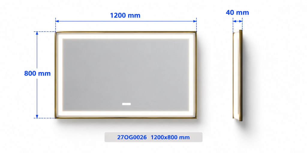 OGLINDA BAIE FORTUNA, ILUM LED 3 CULORI, 120X80 CM, RAMA AURIE FUNCT DEZAB, INTRERUP TOUCH,CEAS