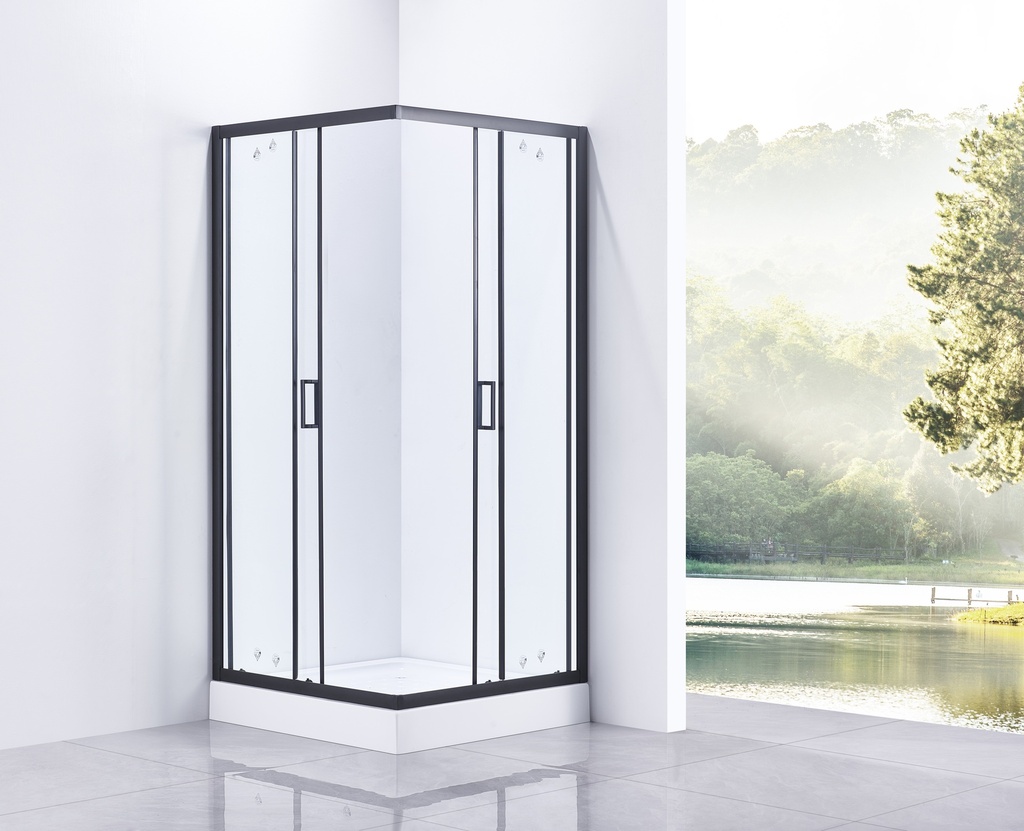 PARAVAN DUS INFINITY 90X90X185 CM,PATRAT,PROFIL NEGRU MAT, 2 USI CULISANTE,GEAM  5MM,NANOGLASS