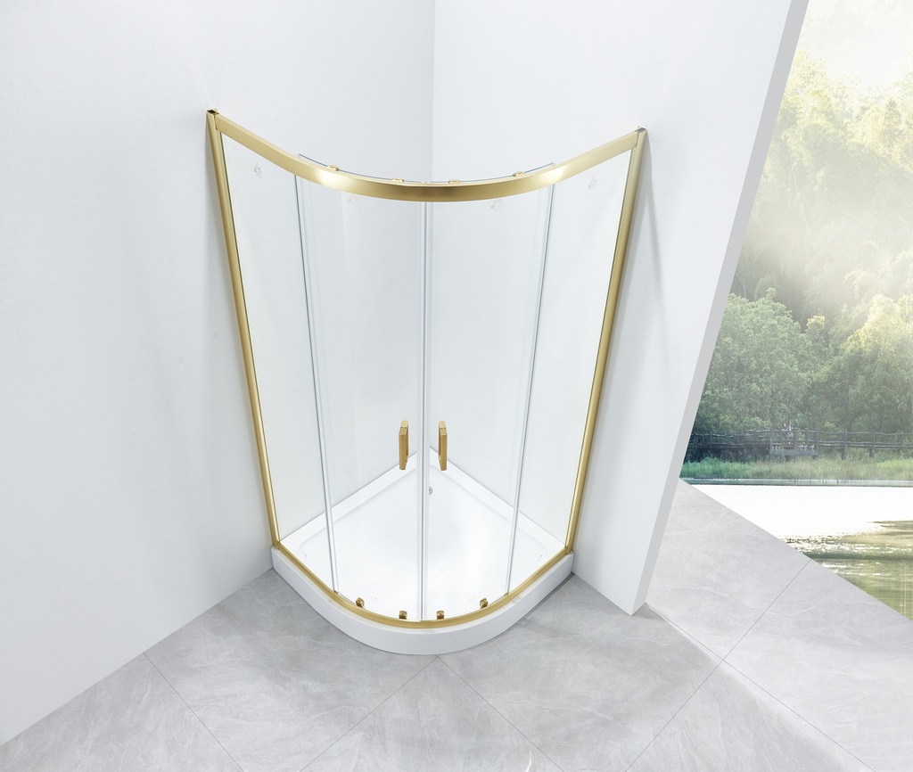 PARAVAN DUS FORTUNA 90X90X185 CM,SEMIROTUND,PROFIL AURIU, 2 USI CULISANTE,GEAM  5MM,NANOGLASS