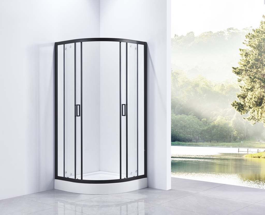 PARAVAN DUS INFINITY 90X90X185 CM,SEMIROTUND,PROFIL NEGRU MAT,2 USI CULISANTE,GEAM 5MM,NANOGLASS