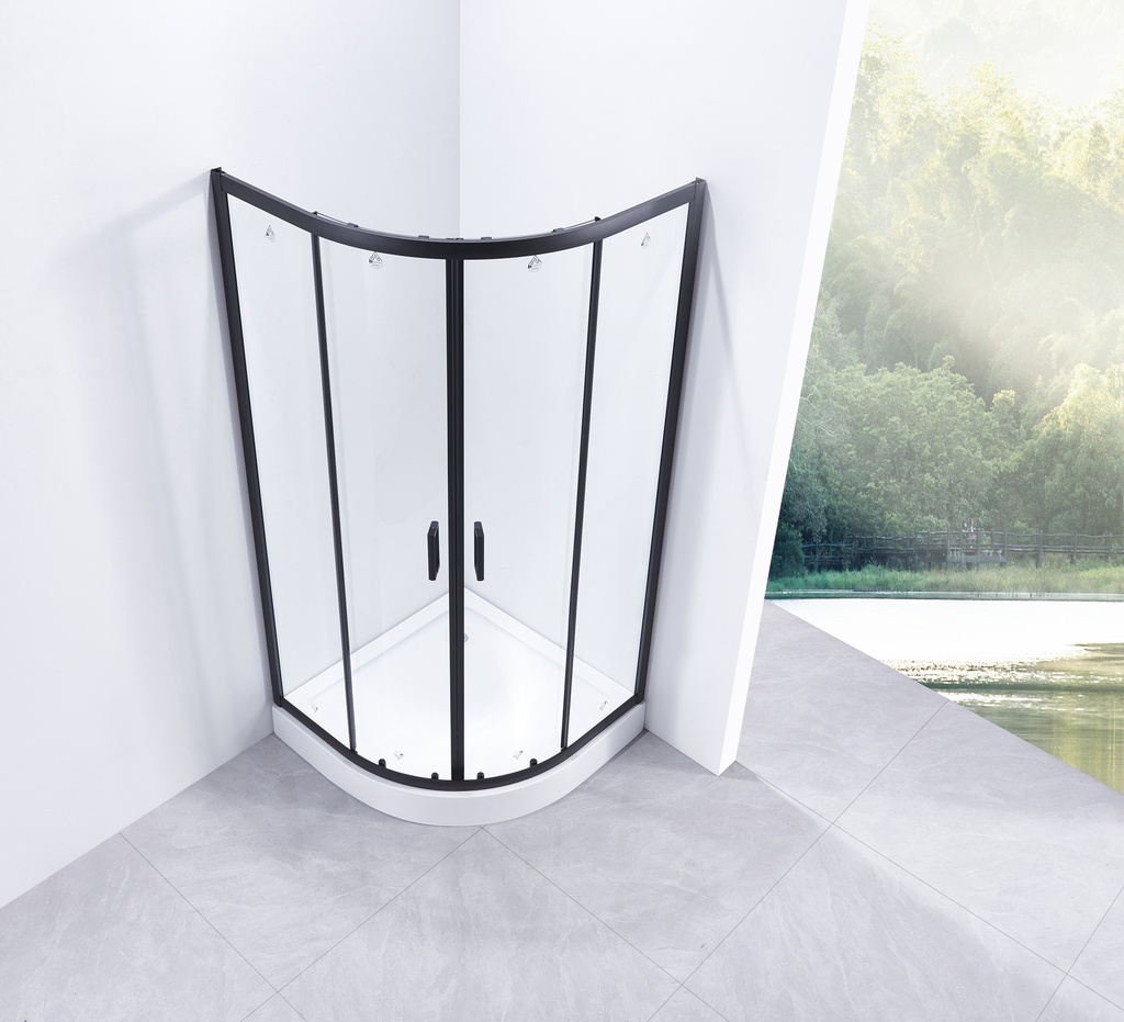 PARAVAN DUS INFINITY 90X90X185 CM,SEMIROTUND,PROFIL NEGRU MAT,2 USI CULISANTE,GEAM 5MM,NANOGLASS