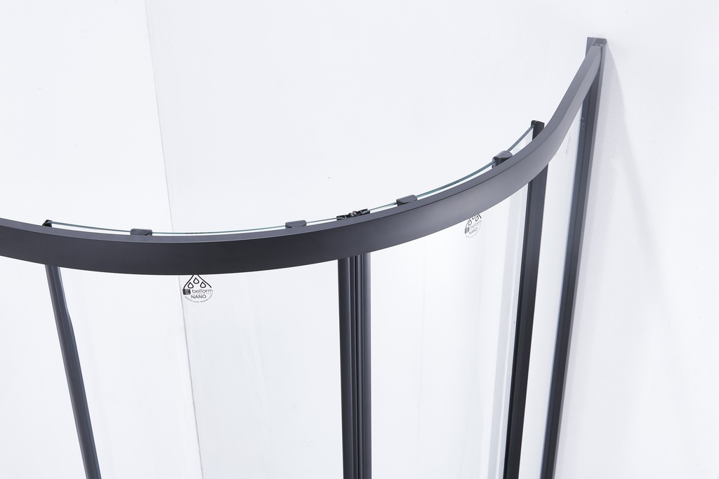PARAVAN DUS INFINITY 90X90X185 CM,SEMIROTUND,PROFIL NEGRU MAT,2 USI CULISANTE,GEAM 5MM,NANOGLASS