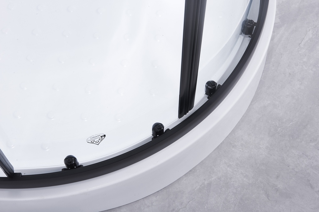 PARAVAN DUS INFINITY 90X90X185 CM,SEMIROTUND,PROFIL NEGRU MAT,2 USI CULISANTE,GEAM 5MM,NANOGLASS