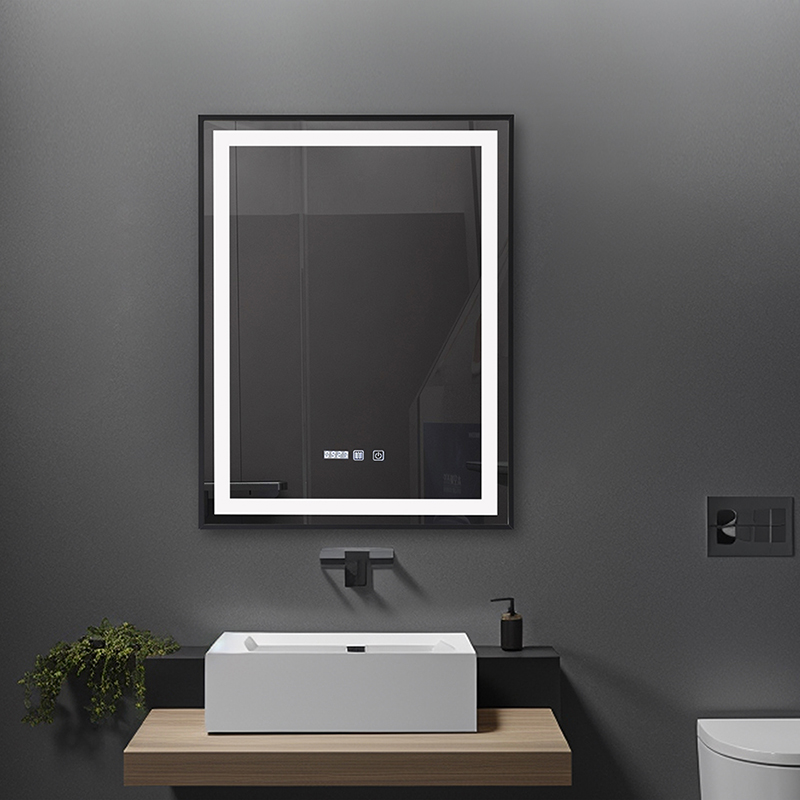 OGLINDA BAIE INFINITY ILUM LED 3 CULORI 60X80 CM  RAMA ALUMINIU NEAGRA FUNCTIE DEZABUR.