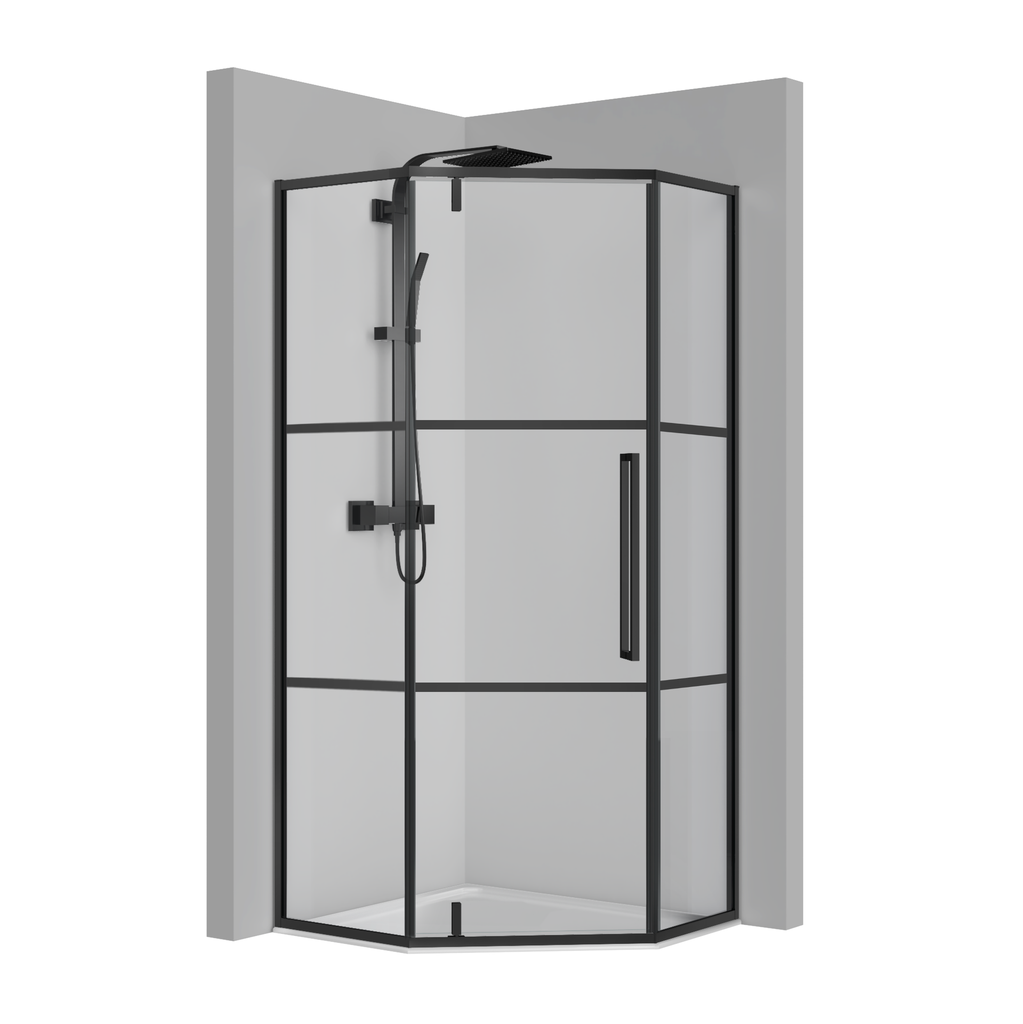PARAVAN DUS 80X80X200 PENTAGONAL PROFIL NEGRU MAT USA BATANTA GEAM 6 MM (DUNGI NEGRE)