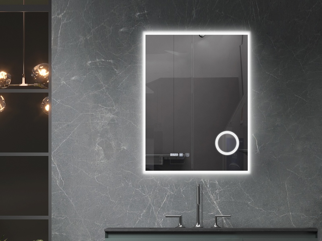 OGLINDA BAIE ATLANTIS, ILUM LED 3 CULORI, 60X80 CM, FUNCTIE DEZAB, INTRERUP TOUCH,CEAS, LUPA