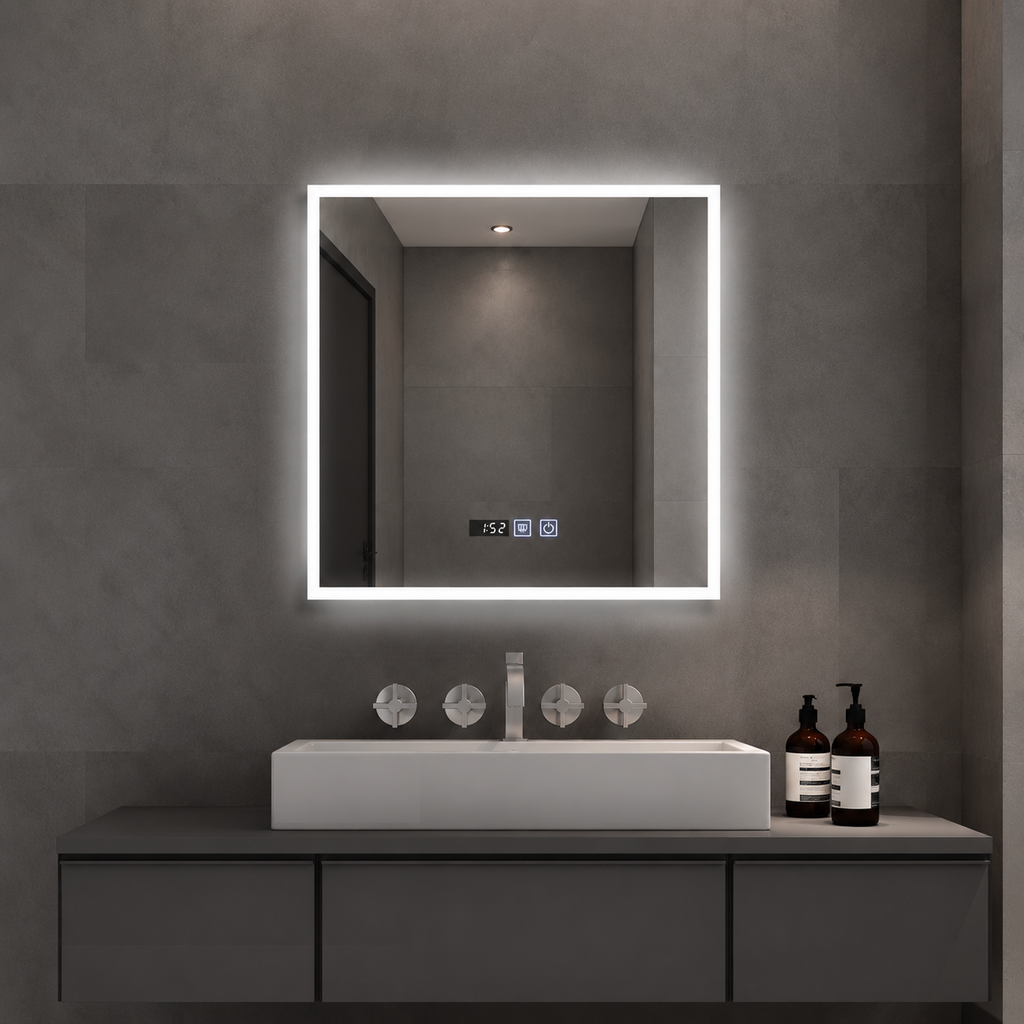 OGLINDA BAIE ATLANTIS PATRATA, LED 3 CULORI, 60X60 CM, FUNCTIE DEZABURIRE, INTRERUPATOR TOUCH