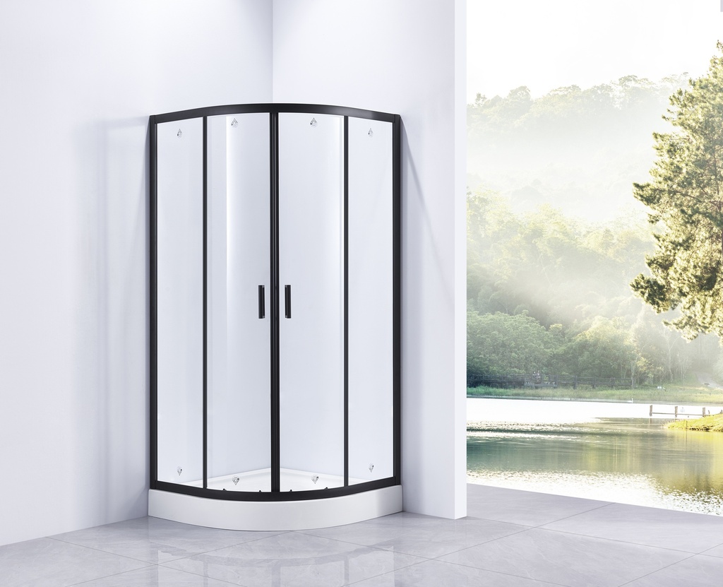 PARAVAN DUS INFINITY 90X90X185 CM,SEMIROTUND,PROFIL NEGRU MAT,2 USI CULISANTE,GEAM 5MM,NANOGLASS