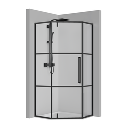 [27CB2934] PARAVAN DUS 90X90X200 PENTAGONAL PROFIL NEGRU MAT USA BATANTA GEAM 6 MM (DUNGI NEGRE)
